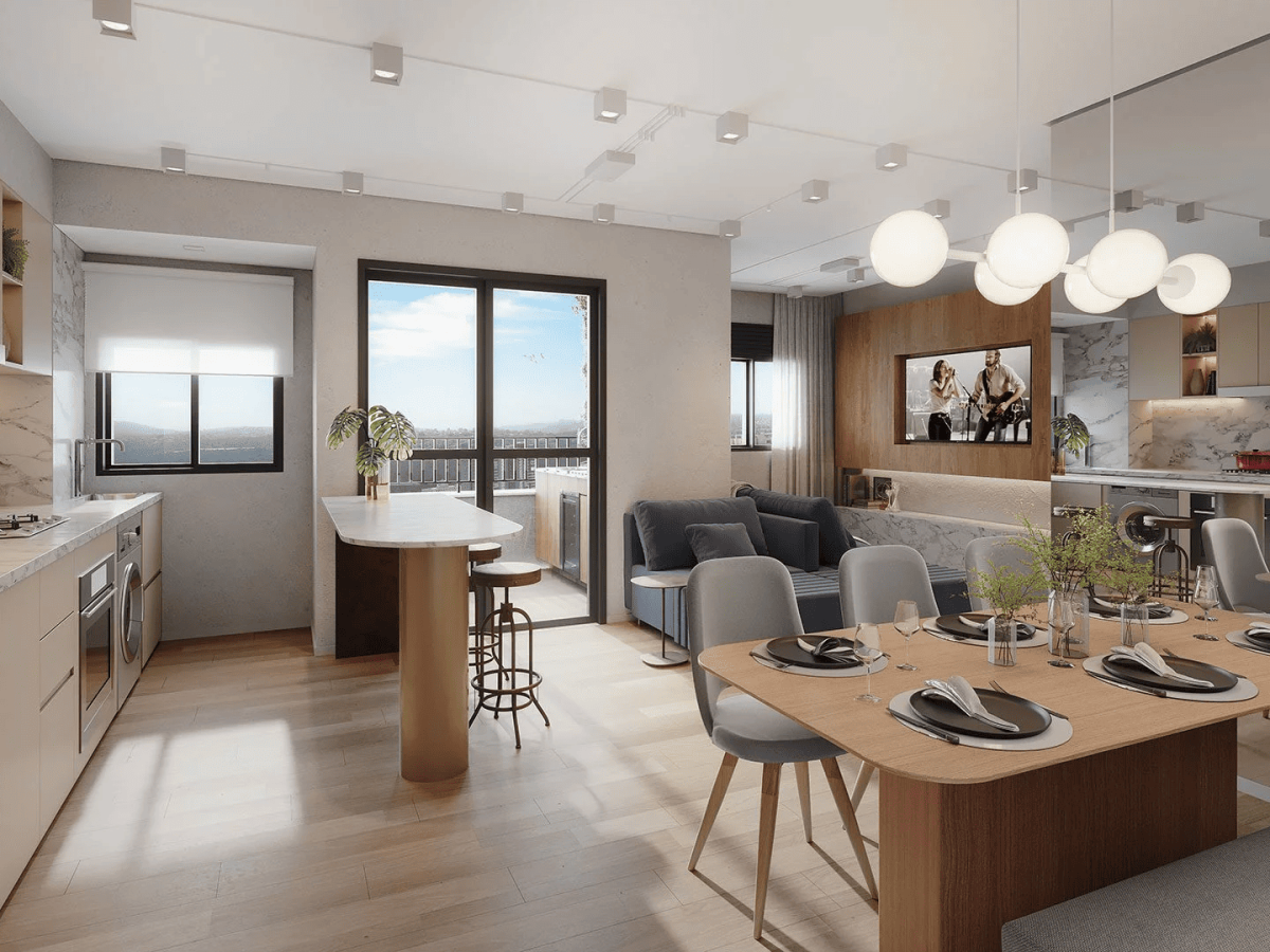 Perspectiva-artistica-interna-da-unidade-com-living-ampliado-e-dormitorios-6597m²